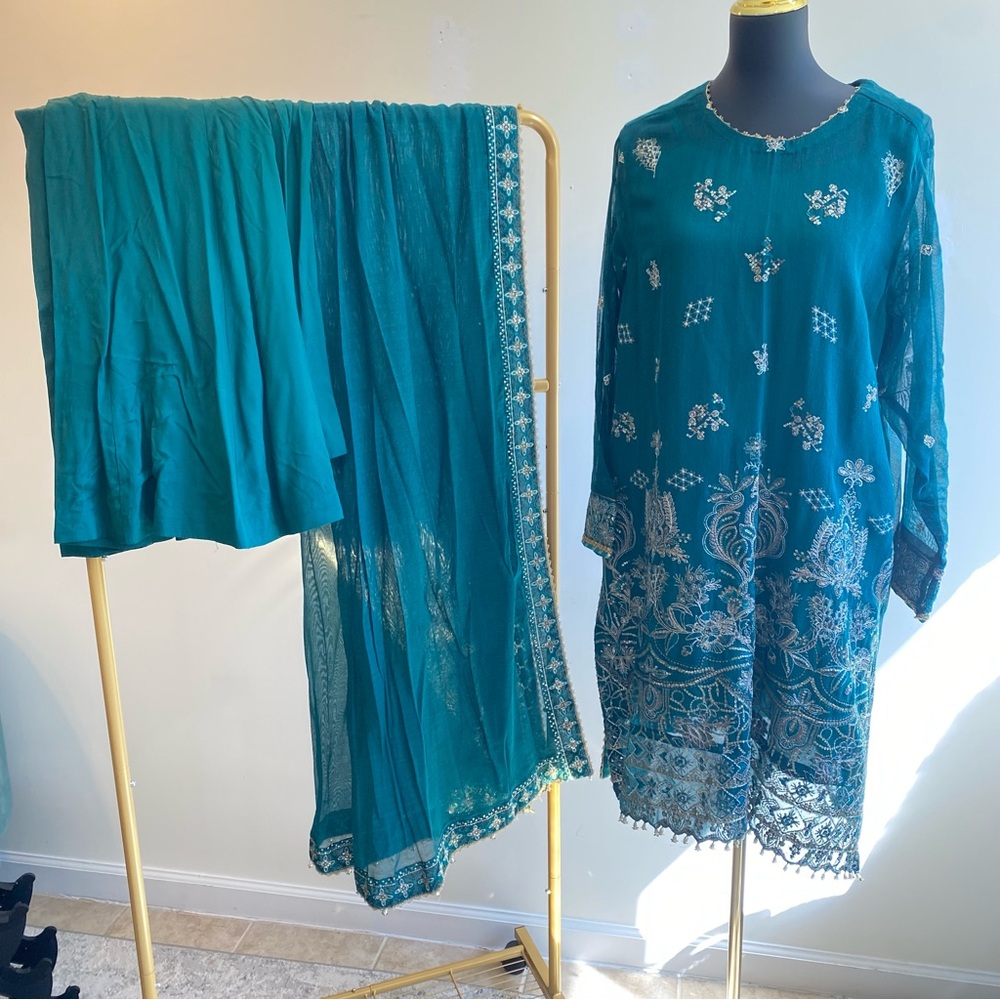 Teal and Gold Sapphire Pakistani Clothes Shalwar Kameez